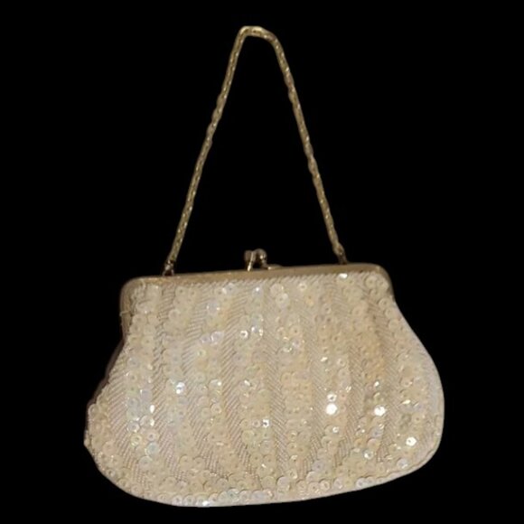 Elwgant Cream Sequined Clutch with Metal Frame Closure & Chain Handle - Picture 2 of 12